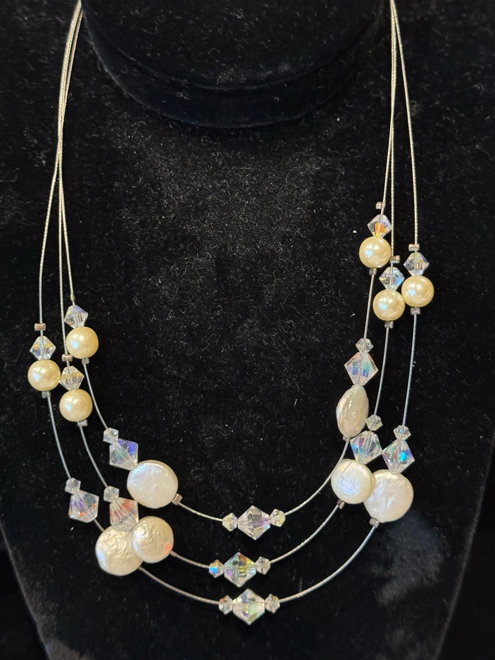 Delicate Coin Pearl and Crystal Bead Multi-Strand Necklace